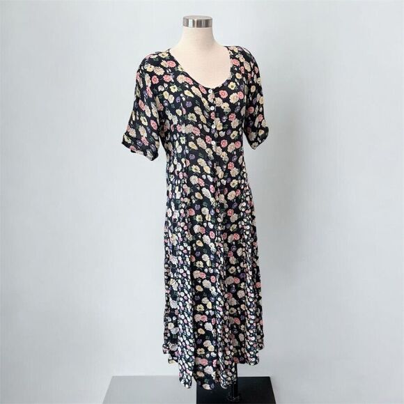 Vintage Dresses & Skirts - La Cera Black Maxi Dress XL Button Down Floral 1990s VTG Vintage